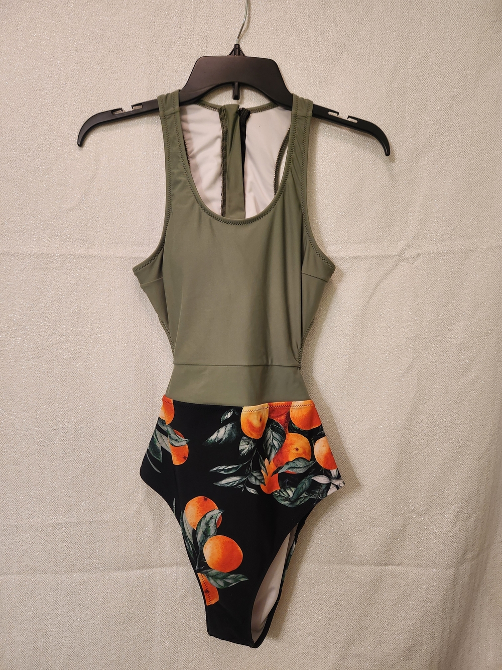 Cupshe Olive Green Top with Black Orange Fruit Print One-Piece Swimsuit